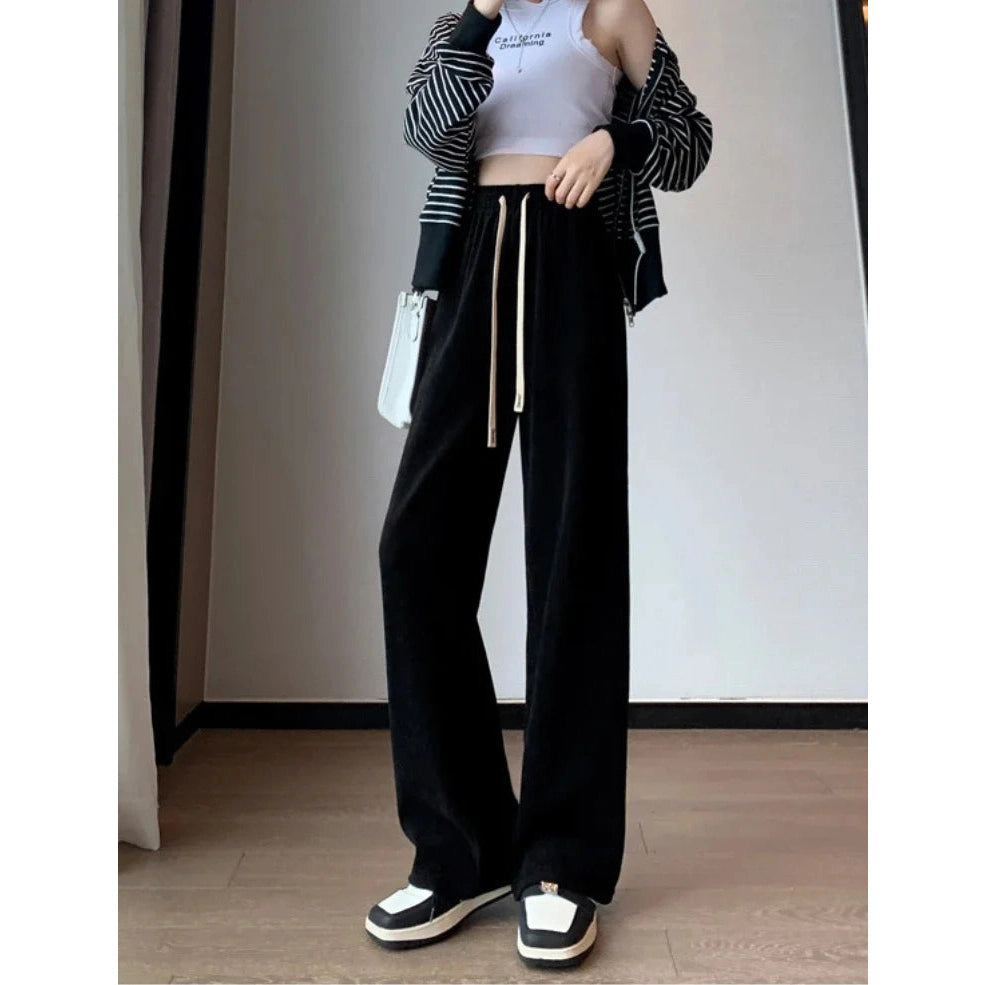 Women's High Waist Pants Straight Warm Loose Velvet Wide Leg