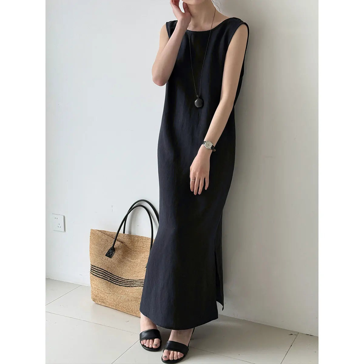 Linen Blend Women Sleeveless Boho Maxi Dress