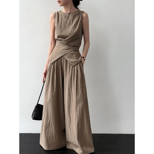 Women's Sleeveless Blouses Cotton blend With High Waist Wide Leg Pants Set