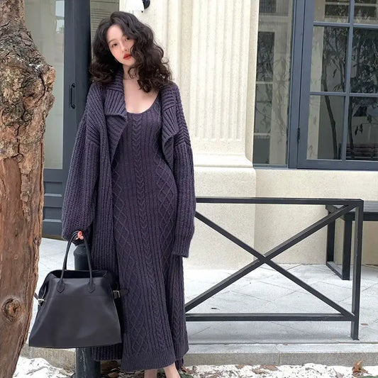 2026 Women’s Retro Knitted Two-Piece Set – Mid-Length Cardigan & Dress Autumn Winter Outfit