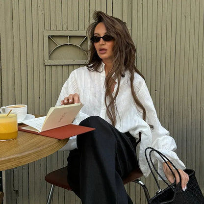 women's White Cotton Shirts Long Sleeve Oversize Blouse