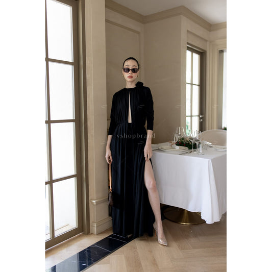 Women's maxi dresses front open sexy black split two side