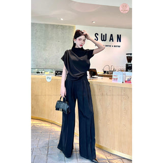 Women's casual 2 piece set stand Collar blouse and pleated wide leg pant