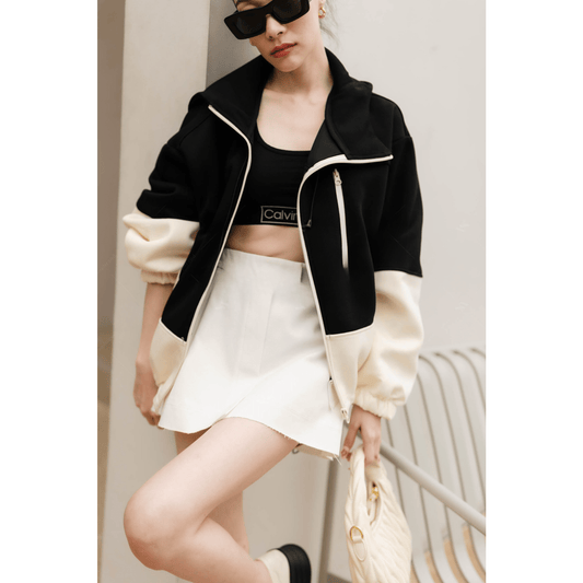Women's bomber jacket zip up hoodies two-tone design