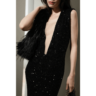 Women's Maxi Dress Sequin Deep V-neck Split Front Side With Fur Shawl