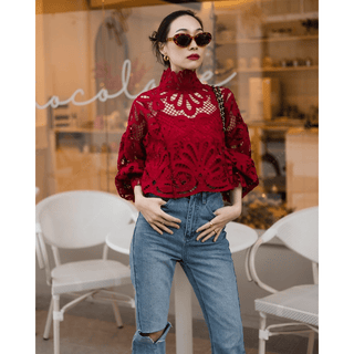 Women lace stand collar matching red Cami