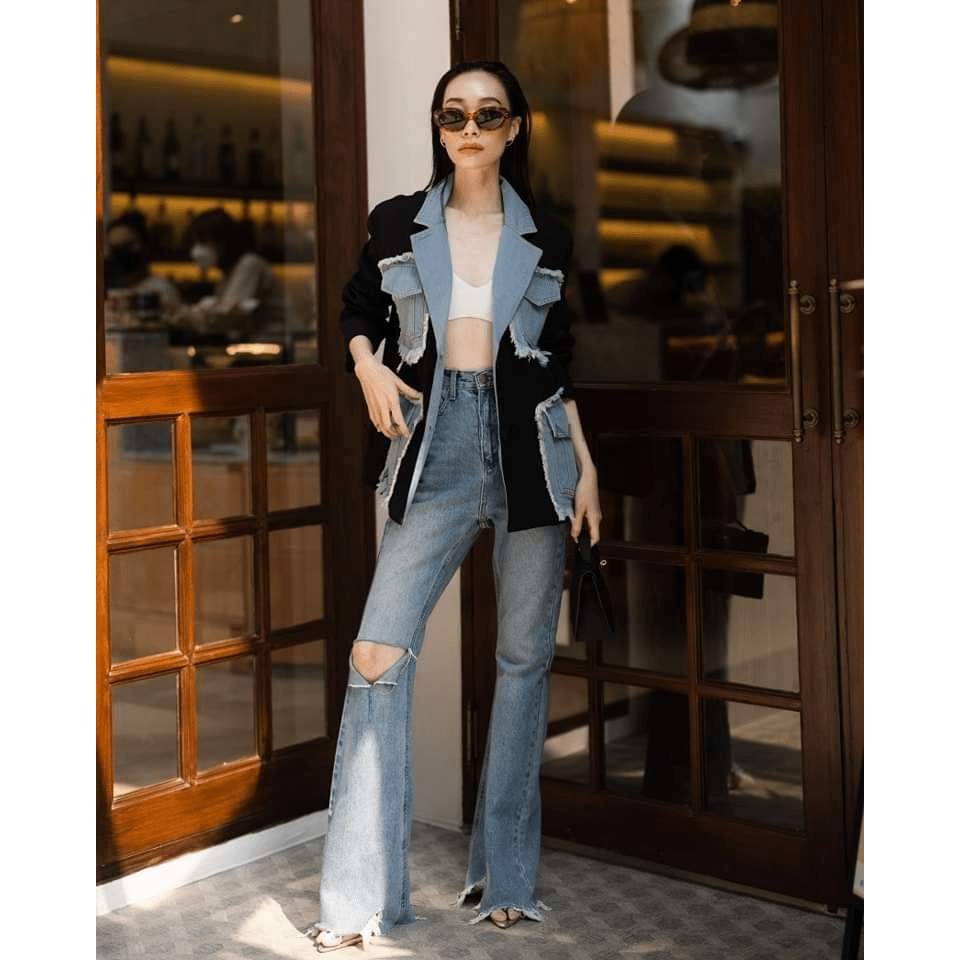 Chic women's blazer jeans pocket patchwork design