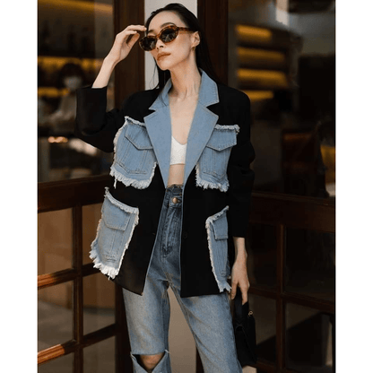 Chic women's blazer jeans pocket patchwork design