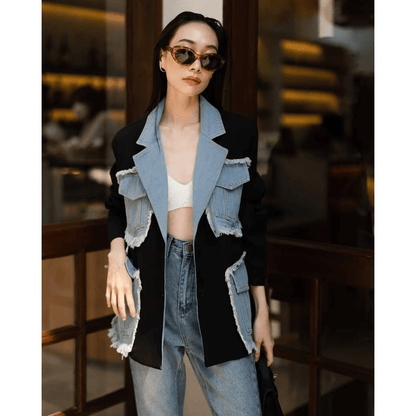 Chic women's blazer jeans pocket patchwork design