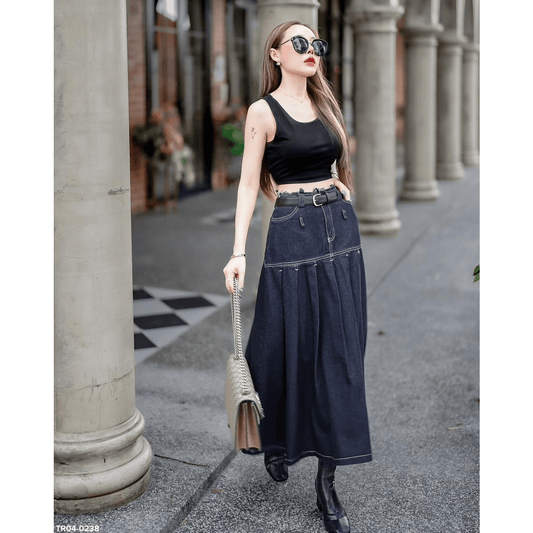 Women's Set 3 pcs Crop Tank top +High waist long jeans skirt with belt