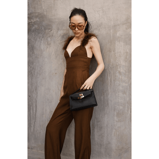 Women Jumpsuit brown fuzzy trim shoulder Straight Leg