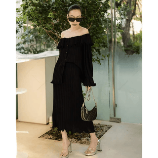 Women's two piece set off shoulder pleated blouse and pencil pleated skirt