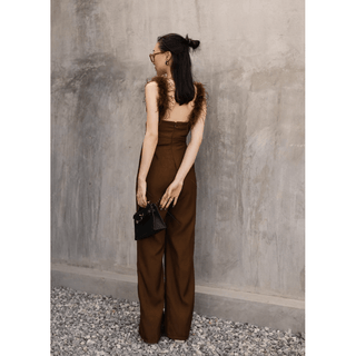 Women Jumpsuit brown fuzzy trim shoulder Straight Leg