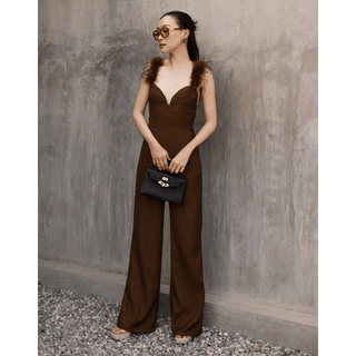 Women Jumpsuit brown fuzzy trim shoulder Straight Leg