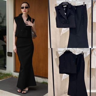 Women set 2 pcs. Black Crop Suit & Mermaid Hem maxi skirt