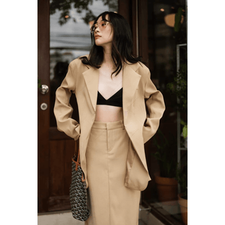 Women's two piece set oversize Blazer with belt and maxi split skirt