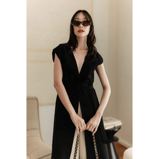 Women Long Dress Deep V-neck Single Button with Belt